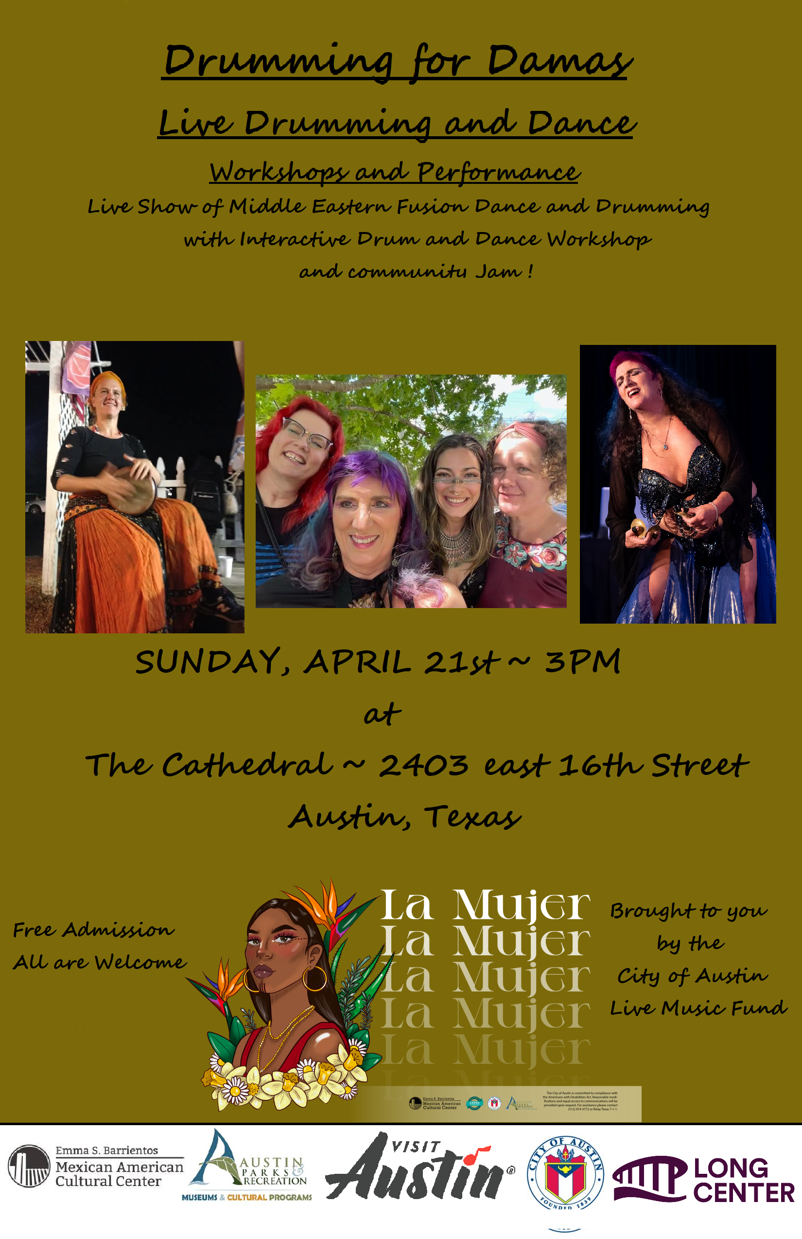 Flyer for Drumming for Damas live drumming and dance workshop